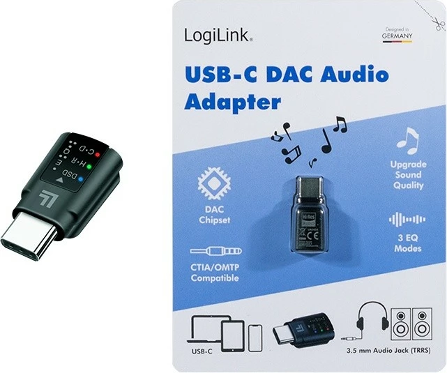 Adapter audio LogiLink KKLLIZ000UA0424, USB-C në 3.5mm, me DAC dhe EQ, Zi