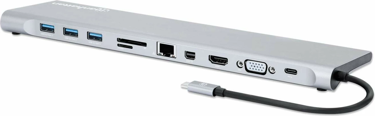 Docking station MANHATTAN USB-C 11in1 MST, për 3 monitorë, argjend