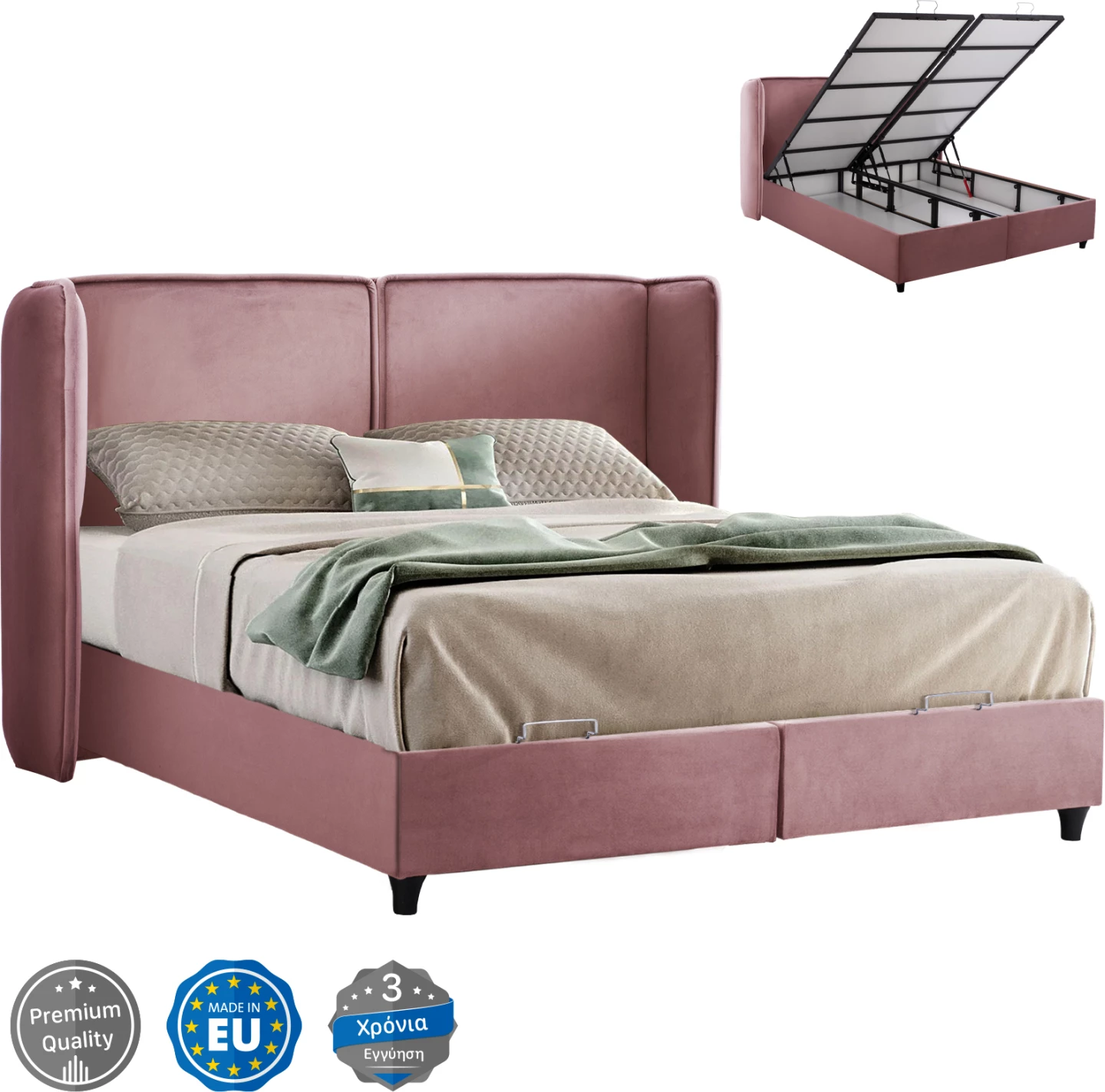 Krevat MARTINA, ngjyrë rozë e pluhurosur, me hapësirë ruajtjeje, 160x200