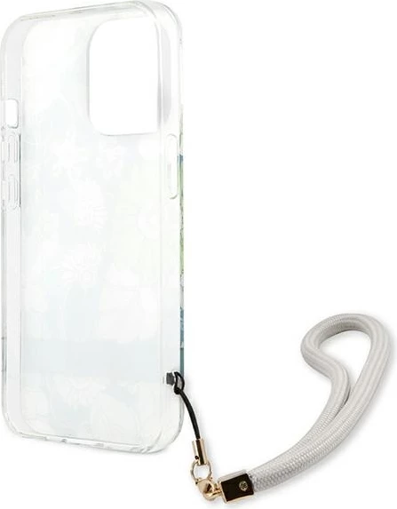 Mbështjellës Guess Flower Strap për iPhone 13 Pro Max 6.7", i gjelbër me lule dhe rrip dore
