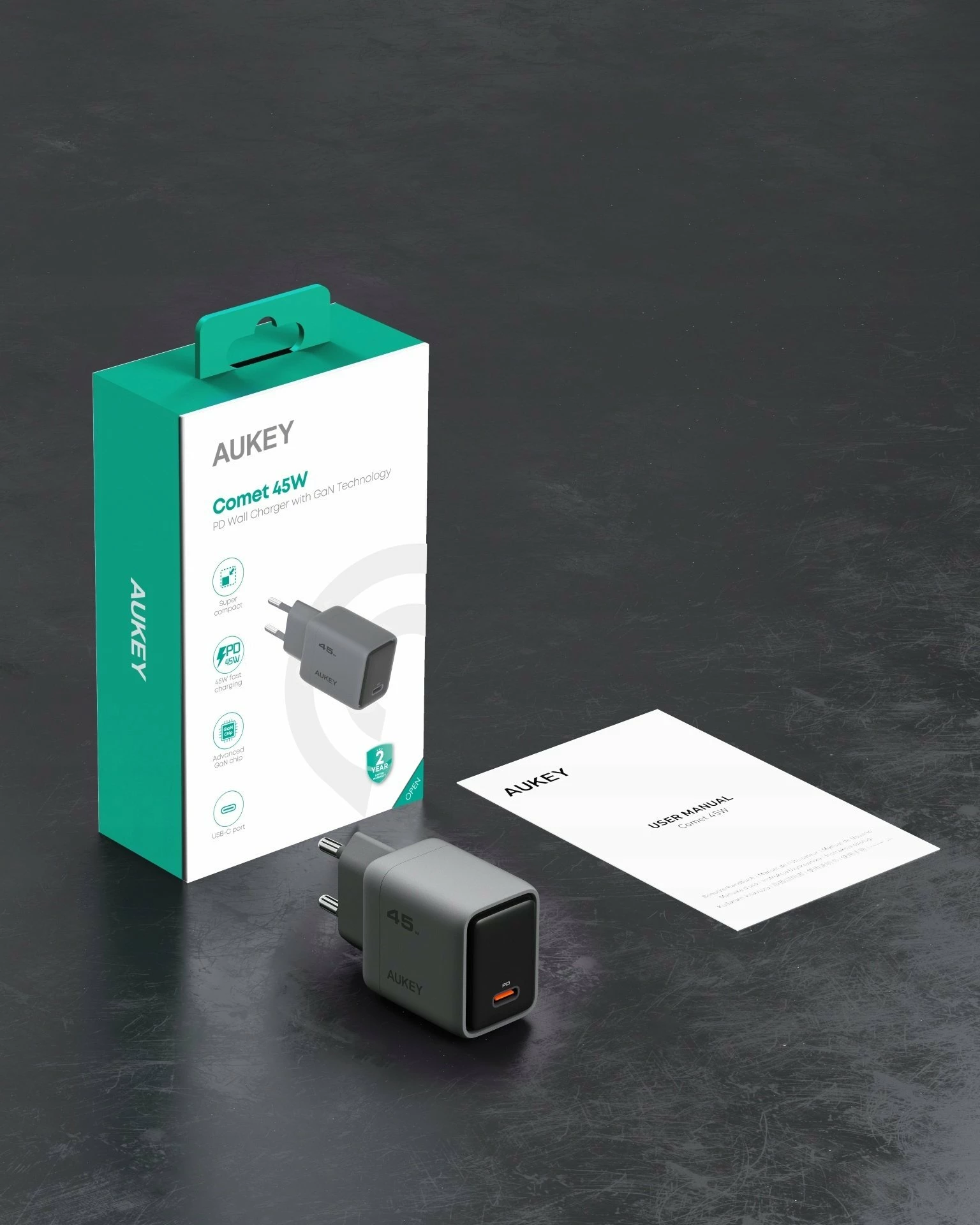 Karikues rrjeti Aukey PA-C2 45W 1x USB-C PD 3.0 GaN, gri