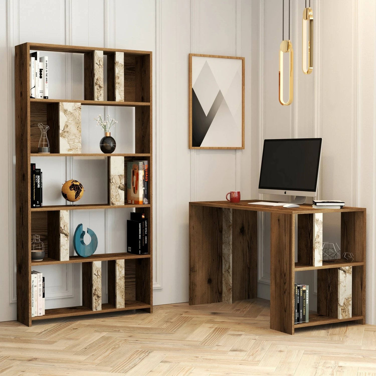 Tavolinë studimi me raft librash Skye Decor, ngjyrë arre, mermer i bardhë