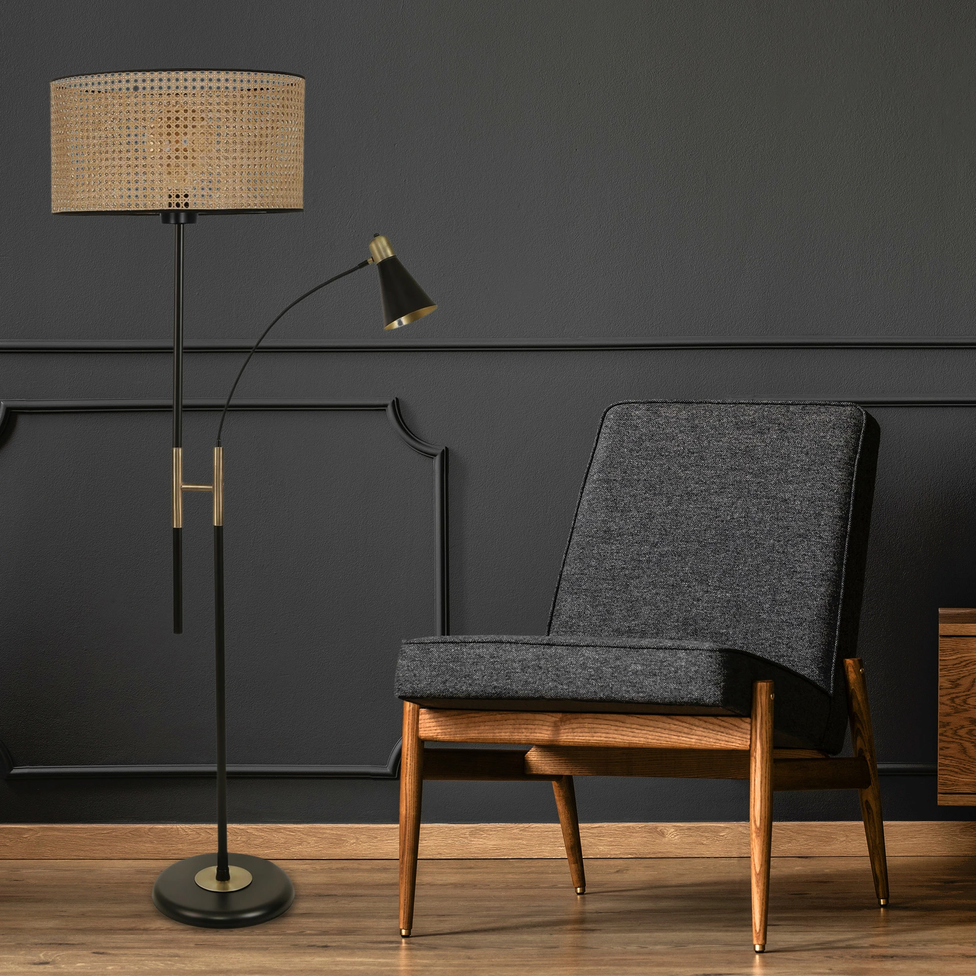 Llambë dyshemeje Opviq Forza, ngjyrë wicker, abazhuri cilindrik rattan