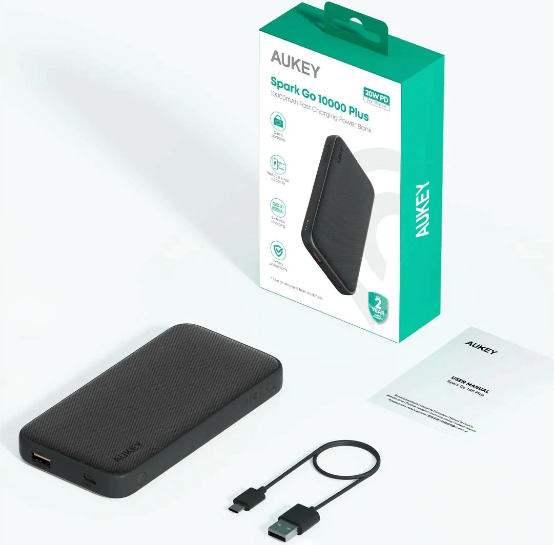 Power bank AUKEY PB-Y46P Spark Go, 10000mAh, 22.5W, 2xUSB, USB-C kabllo, Zi