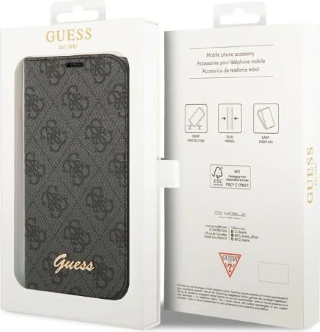 Mbështjellës Guess Bookcase 4G Vintage Gold Logo për iPhone 14, 6.1", e zezë