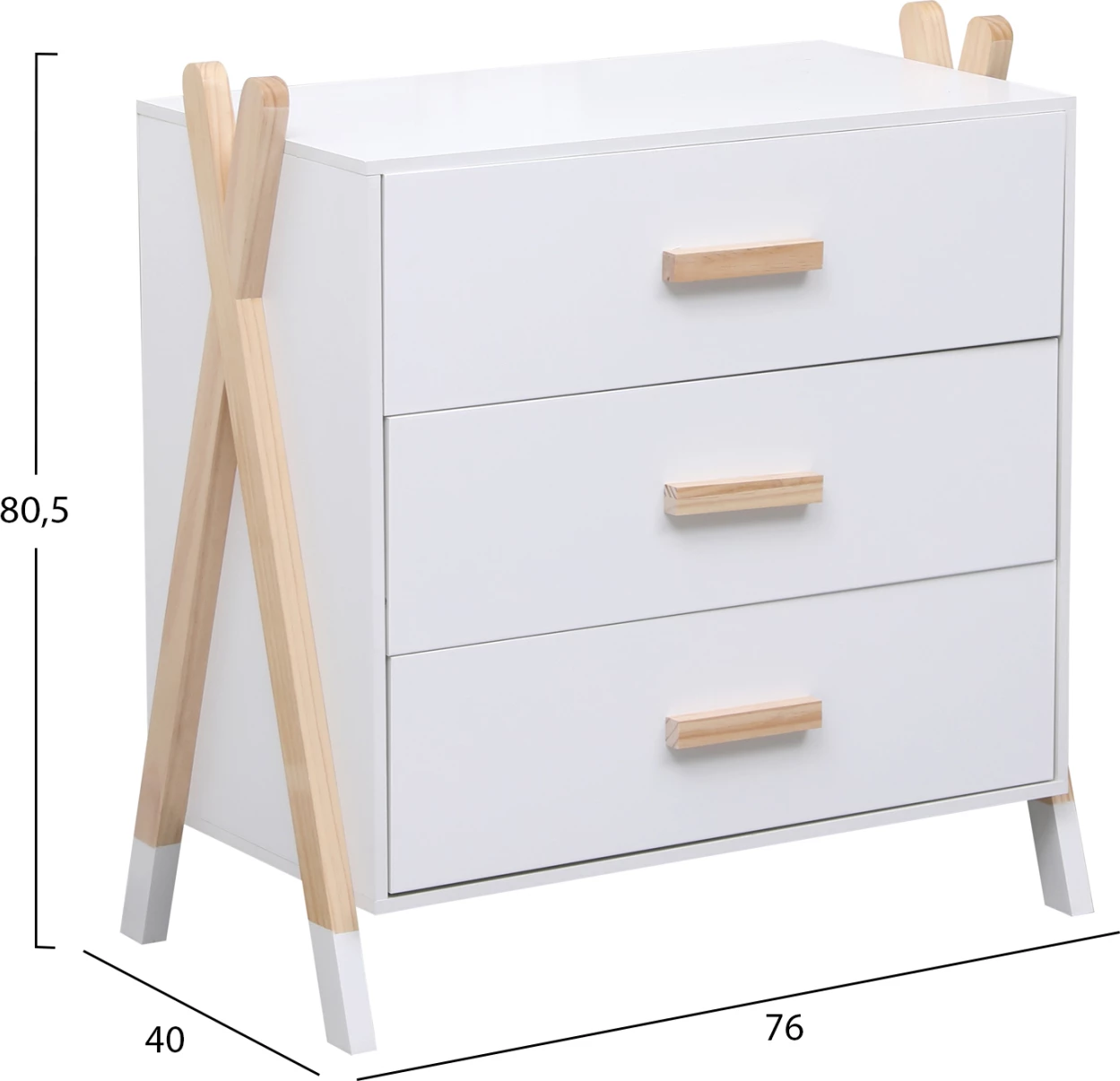 Komodë për fëmijë, ngjyrë e bardhë dhe dru natyral, PASCHAL FH2493.03, 76x40x80.5cm