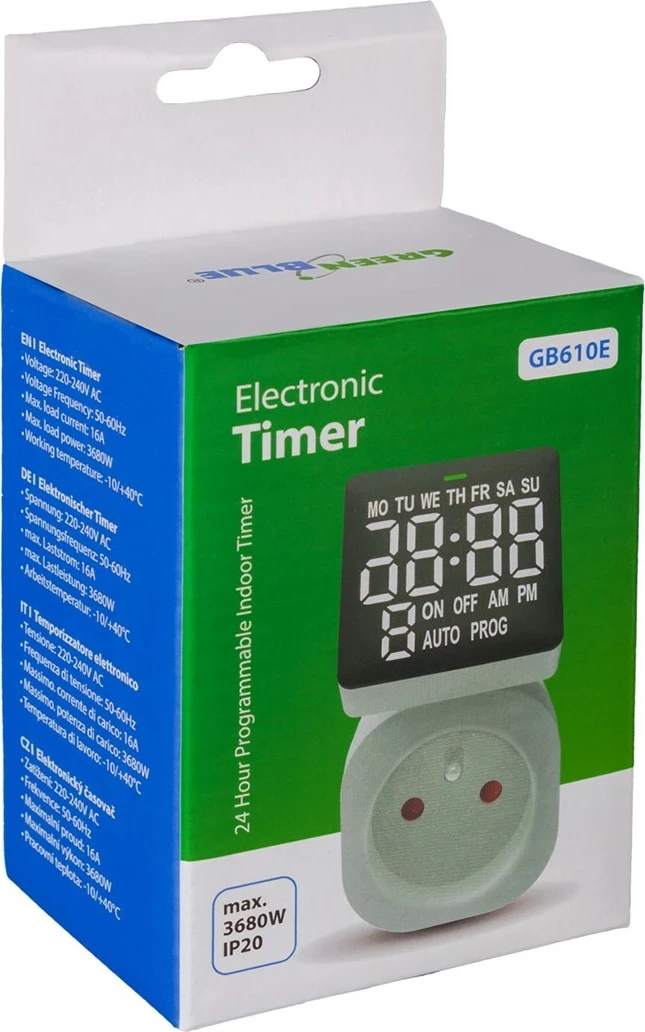 Ndërrues kohe digjital GreenBlue GB610 E, 16A, IP20, Bardhë