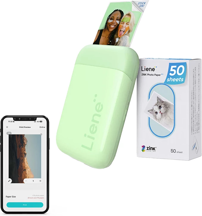 Printer foto portativ Liene Pearl KW001-65024 2x3\", Zink, Bluetooth 5.0, USB-C, me 50 fletë, e gjelbër