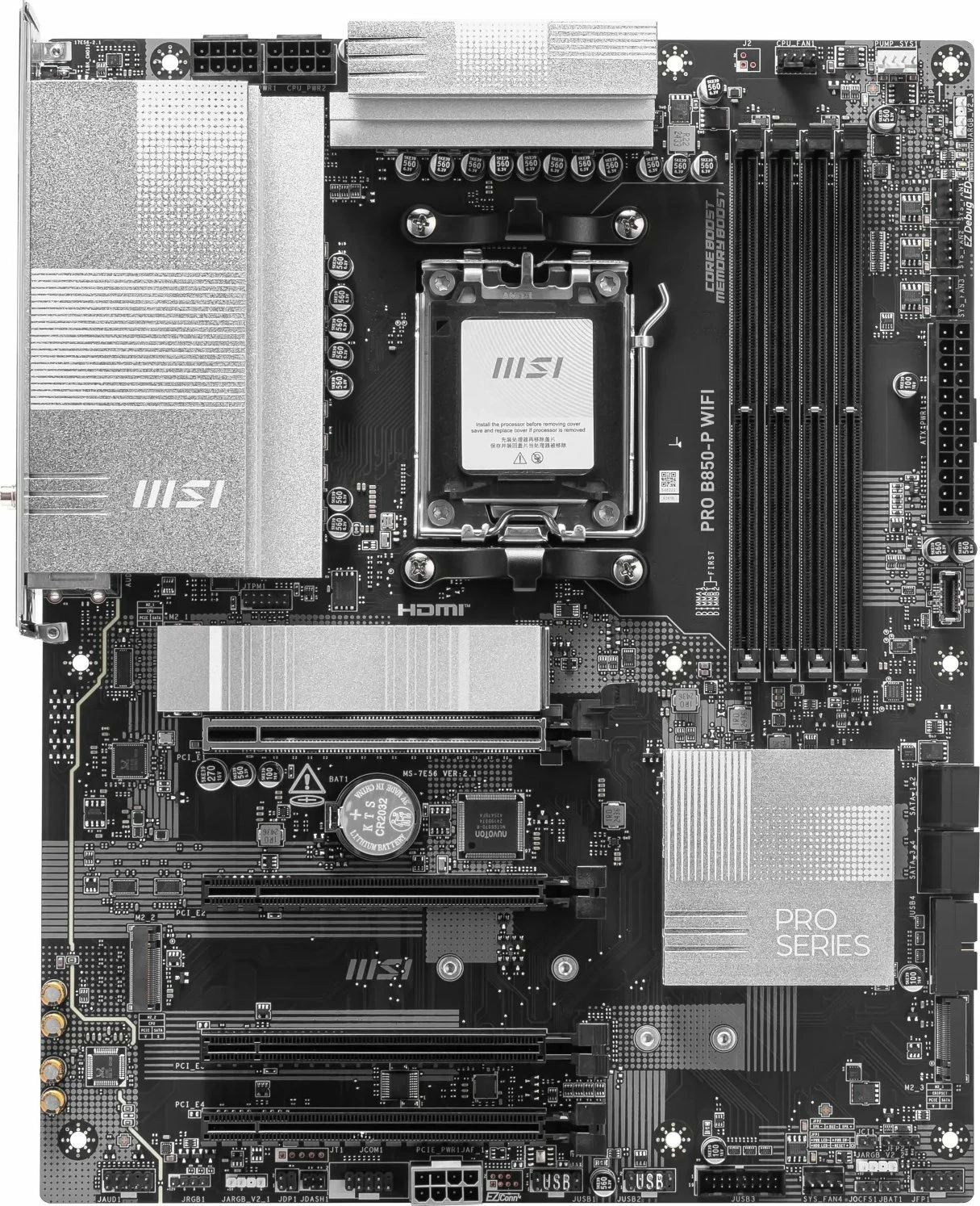 Pllakë amë MSI PRO B850-P WIFI, ATX, DDR5 deri 256GB, Wi‑Fi 7, Bluetooth, 5G LAN, PCIe 5.0, argjendtë/e zezë