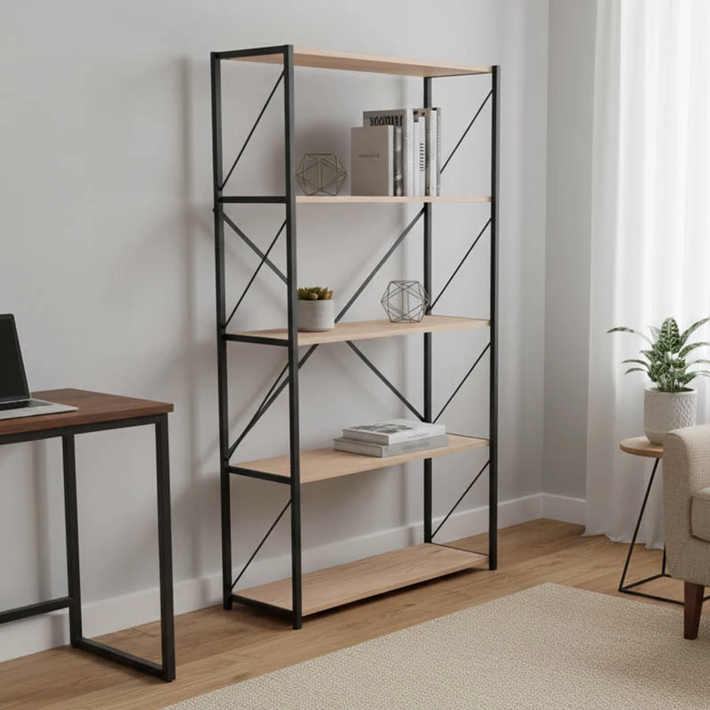 Raft librash Tikilmo melaminë lisi-metal i zi 88x34x180cm