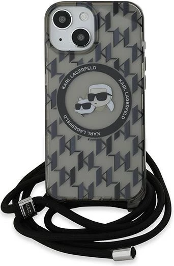 Mbështjellës Karl Lagerfeld IML Crossbody Monogram Karl & Choupette Head MagSafe për iPhone 15/14/13, i zi