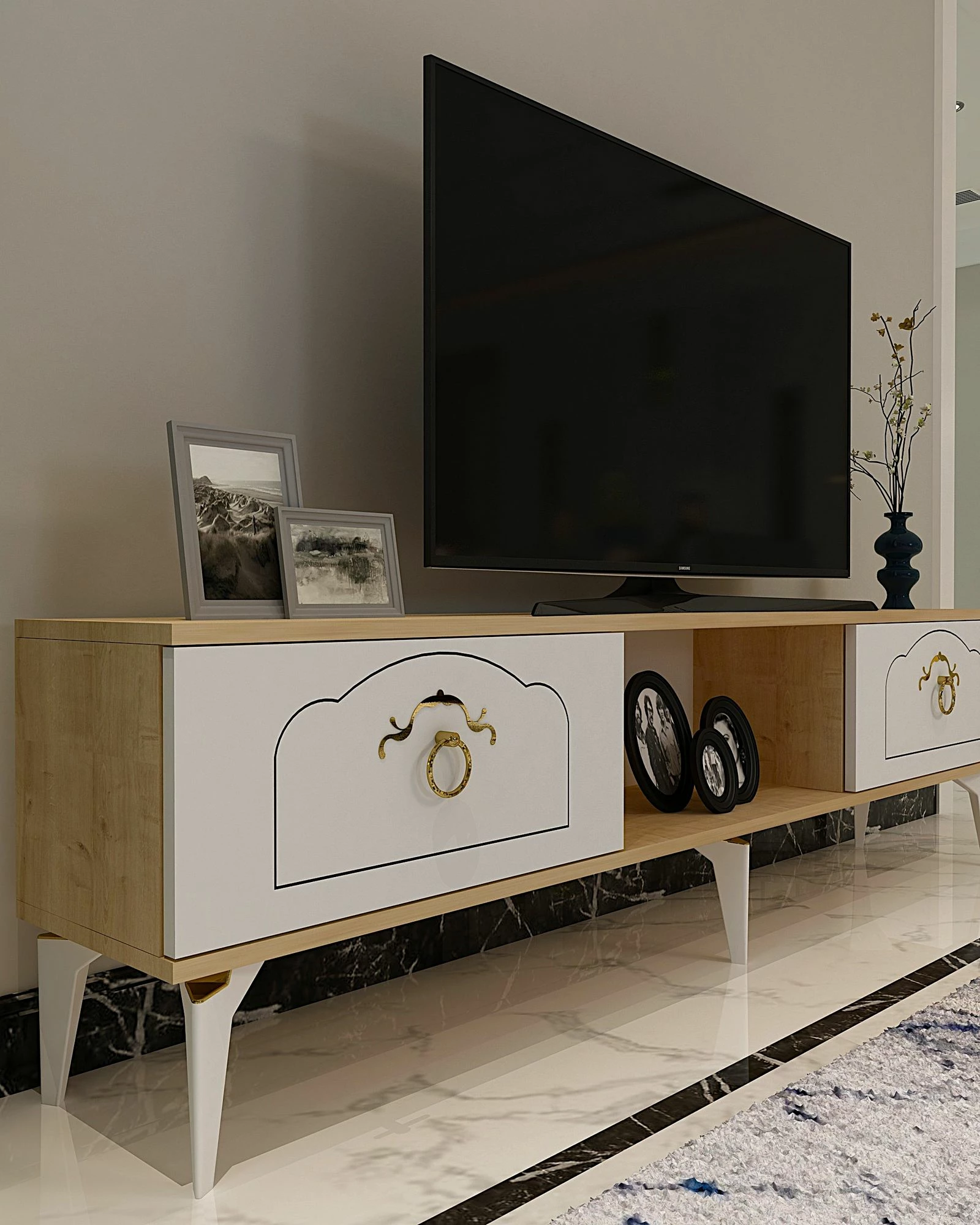 Komodinë TV Skye Decor, ngjyrë lis safir, e bardhë
