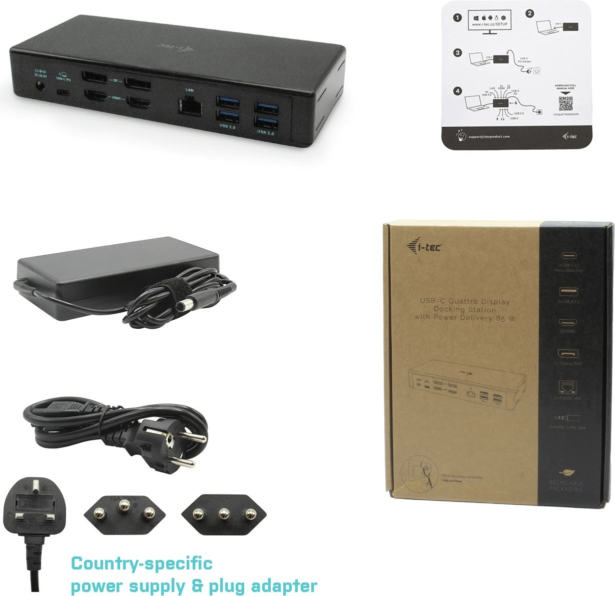Docking station I-Tec USB-C Quattro Display, 85W, 4 porta monitori, LAN, i zi
