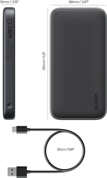 Power bank AUKEY PB-Y46 Spark Go, 10000 mAh, 15W, 2xUSB, LED, Gri