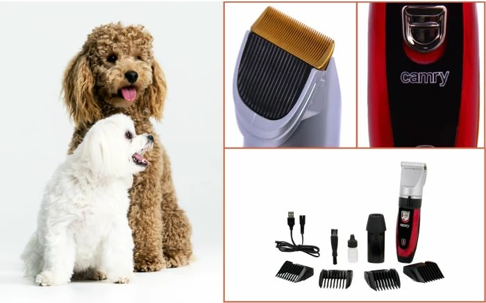 Makinë rroje për qime kafshësh CAMRY CR2821, 35W, USB, 4 krehra 3/6/9/12mm, me bateri shtesë, kuqe/zezë/argjendtë, set