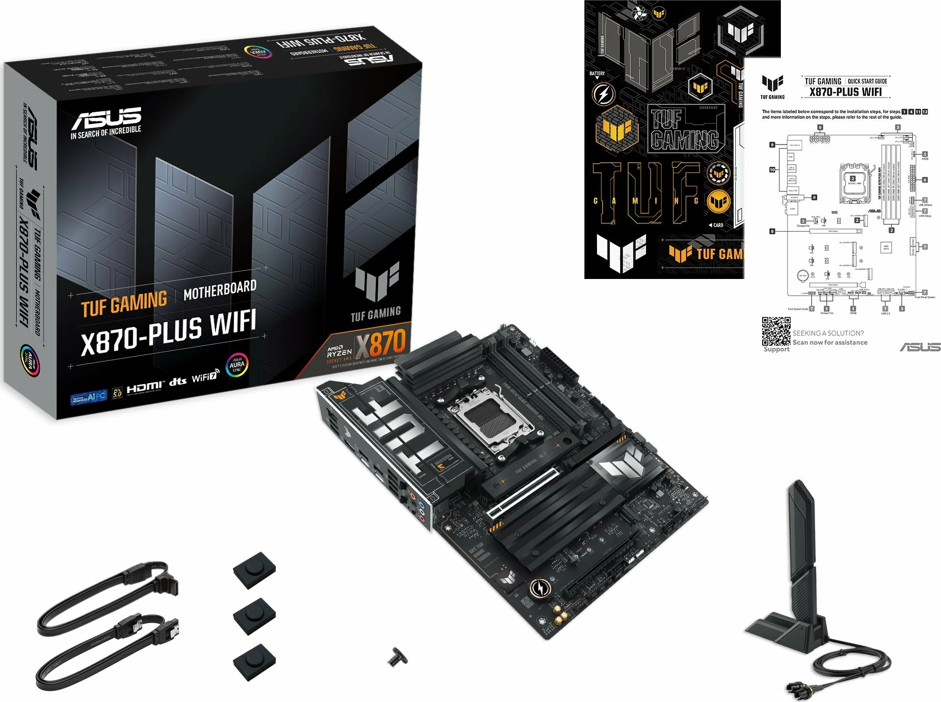 Pllakë amë Asus TUF GAMING X870-PLUS WIFI ATX DDR5 Wi‑Fi 7 + Bluetooth (me 2x antena WiFi, 2x kabllo SATA, vida për M.2)