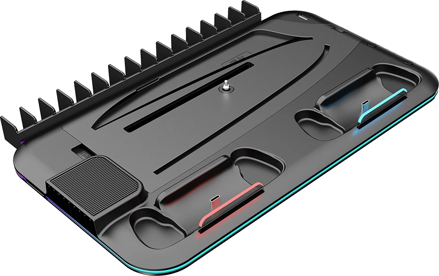 Stendë ftohëse/karikuese CANYON CS-51 RGB për PS5 Slim/Disc/Digital/PS5 Pro, karikim 2 kontrollorë, 5000 RPM, USB-C, e zezë, set me kabllo USB-C dhe mbajtëse kufjesh