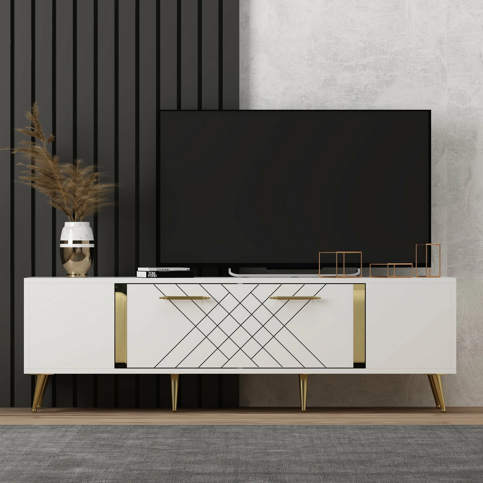 Komodë televizori, ngjyrë e bardhë dhe ari, Skye Decor, dizajn modern, 150x48.2x35cm