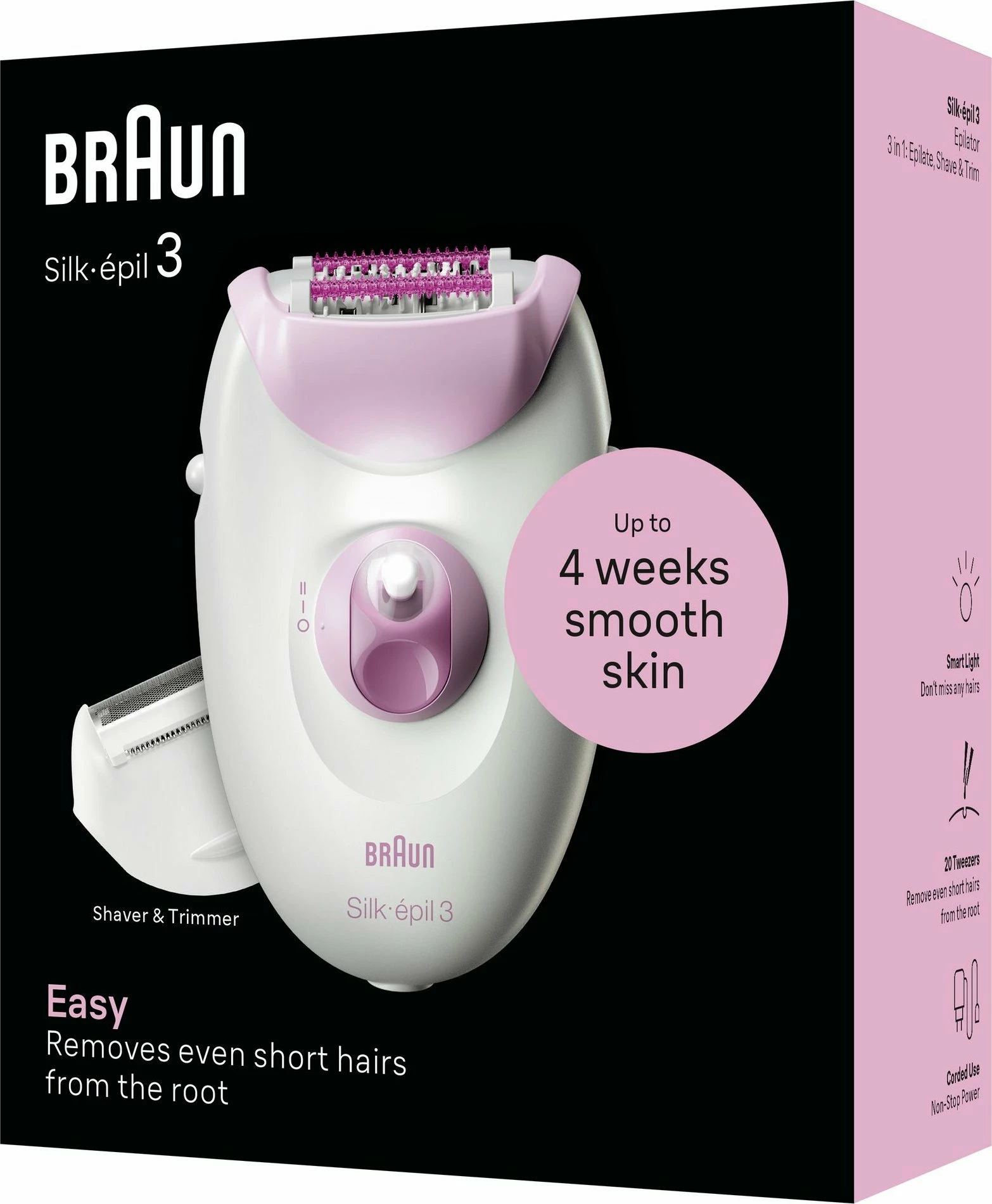 Depilator Braun Silk-épil 3 3-031, 20 pinceta, SmartLight, 2 shpejtësi, me aksesorë, rozë/bardhë