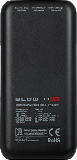 Power bank BLOW PB20E 20000mAh, QC+PD 20W, e bardhë