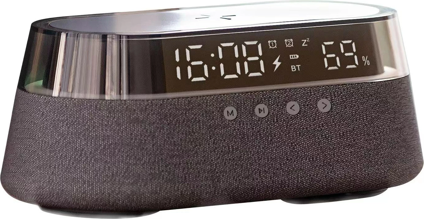 Altoparlant Bluetooth Moye Hemera 15W, orë alarmi me FM radio, dritë nate RGB, karikim pa kabllo Qi 5-15W, bateri 1800mAh, USB-C, zi/gri