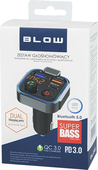 Transmetues FM me Bluetooth BLOW 74-166#, QC3.0, PD 20W, i zi/blu