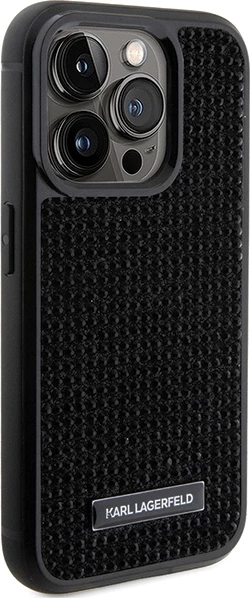 Mbështjellës Karl Lagerfeld Rhinestone Logo Metal Plate për iPhone 15 Pro Max, i zi