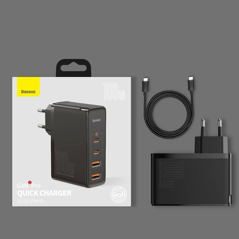 Karikues i shpejtë Baseus GaN2 Pro, 100W, 2x USB-C, 2x USB-A, i zi