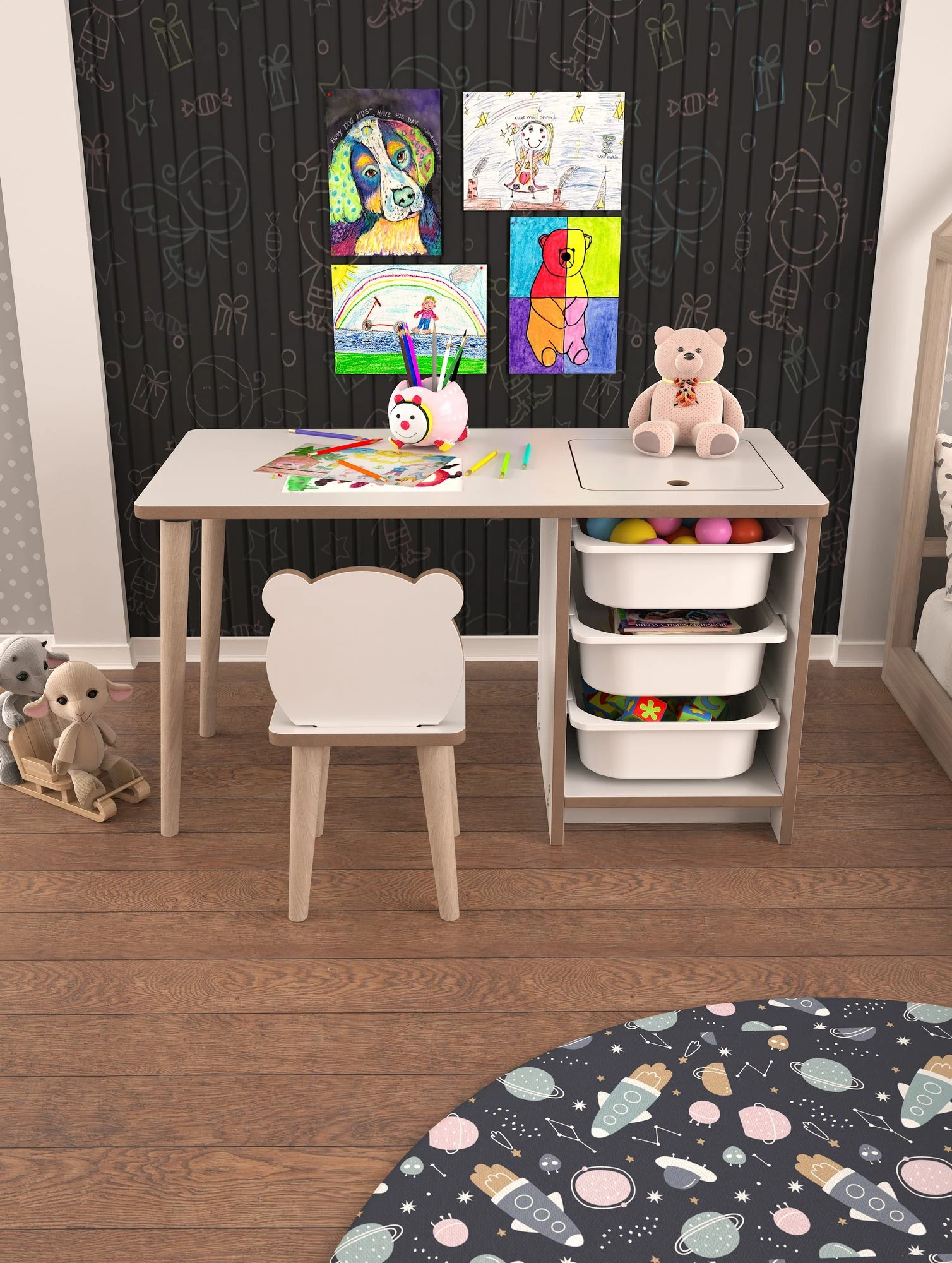 Set tavoline me karrige për fëmijë, Hanah Home, Soho, e bardhë