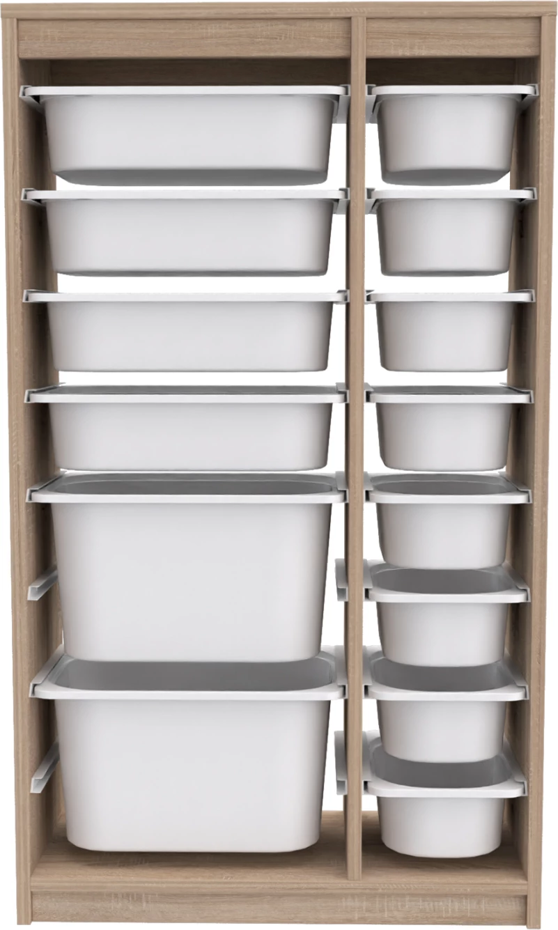 Komodinë me sirtarë SANI FH18202.03 melaminë, ngjyrë sonama, 14 sirtarë plastikë të bardhë, 69x29.6x112.2 cm