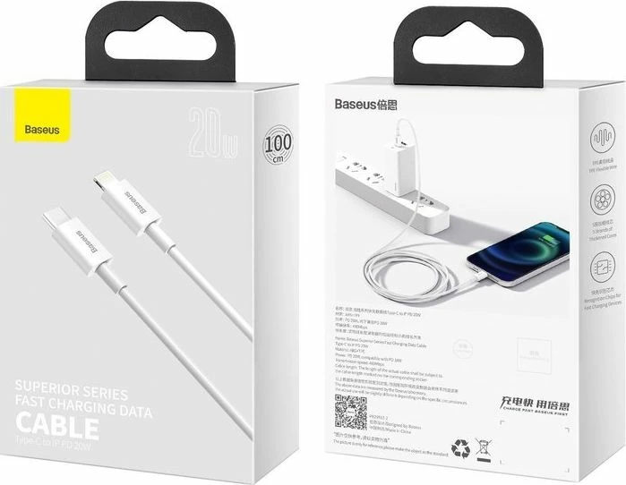 Kabllo USB-C në Lightning Baseus Superior Series 1m, e bardhë