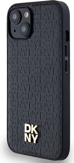 Mbështjellës DKNY Leather Monogram Pattern Metal Logo MagSafe për iPhone 15/14/13, e zezë