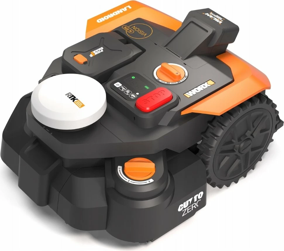 Robot kositës bari Worx Landroid Vision Cloud WR340E, 600 m², 4WD, kamerë stereo, RTK, bateri 20V 4.0Ah, zi/portokalli