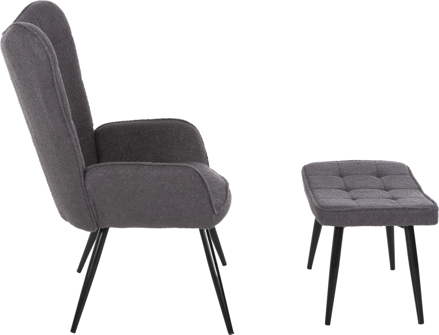 Fotelje CRAWLEY me tabure FH8918.21, pëlhurë boucle gri, këmbë metali të zeza, 70x74x105Hcm