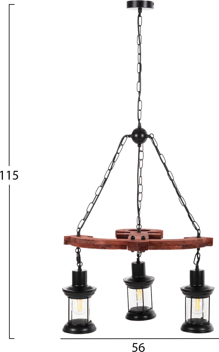 Llambë varëse tavani me 3 drita, FH4115, dru-metal-xham, 115H cm