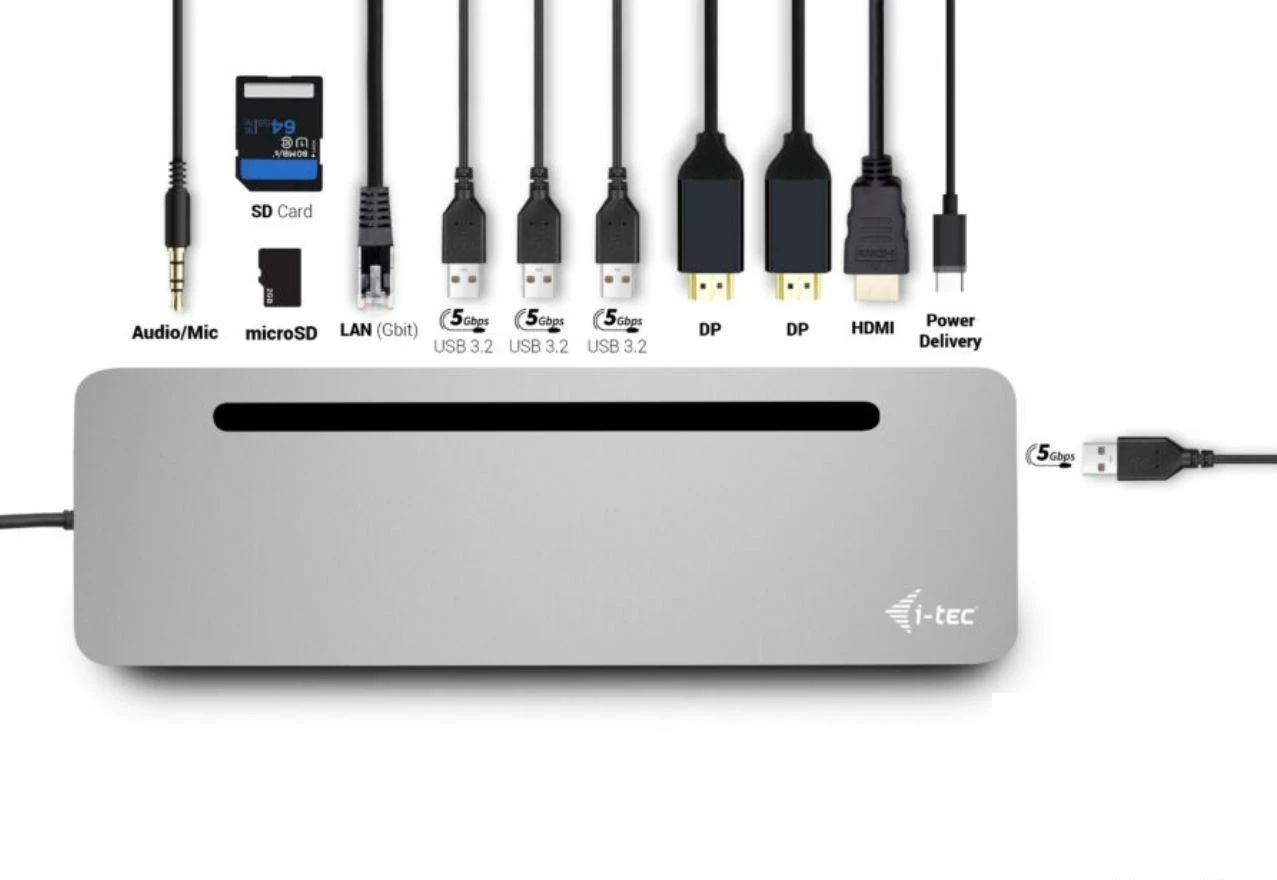 Stacion dokimi metalik USB-C i-tec C31FLAT2PDPRO100W me karikues universal 100W, Gri