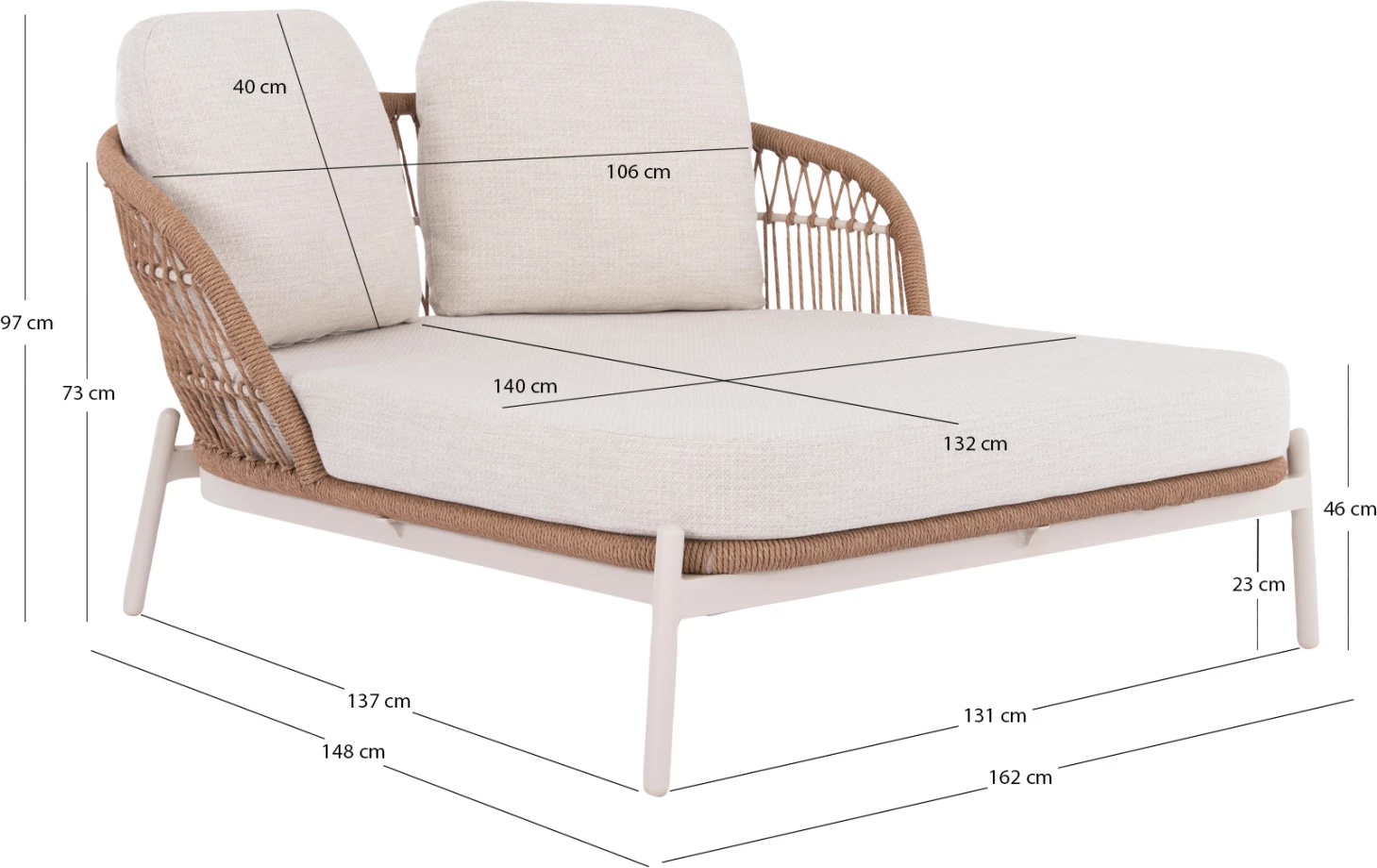 Krevati i jashtëm për dy persona Quantum, alumin, ratan sintetik, ngjyrë bezhë/krem, 162x148x97cm