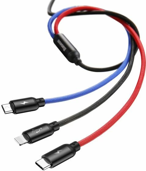 Kabllo USB Baseus Three Primary Colors 3w1 31567-uniw, USB-A në USB-C + microUSB + Lightning, 1.2 m, USB 3.0, e zezë