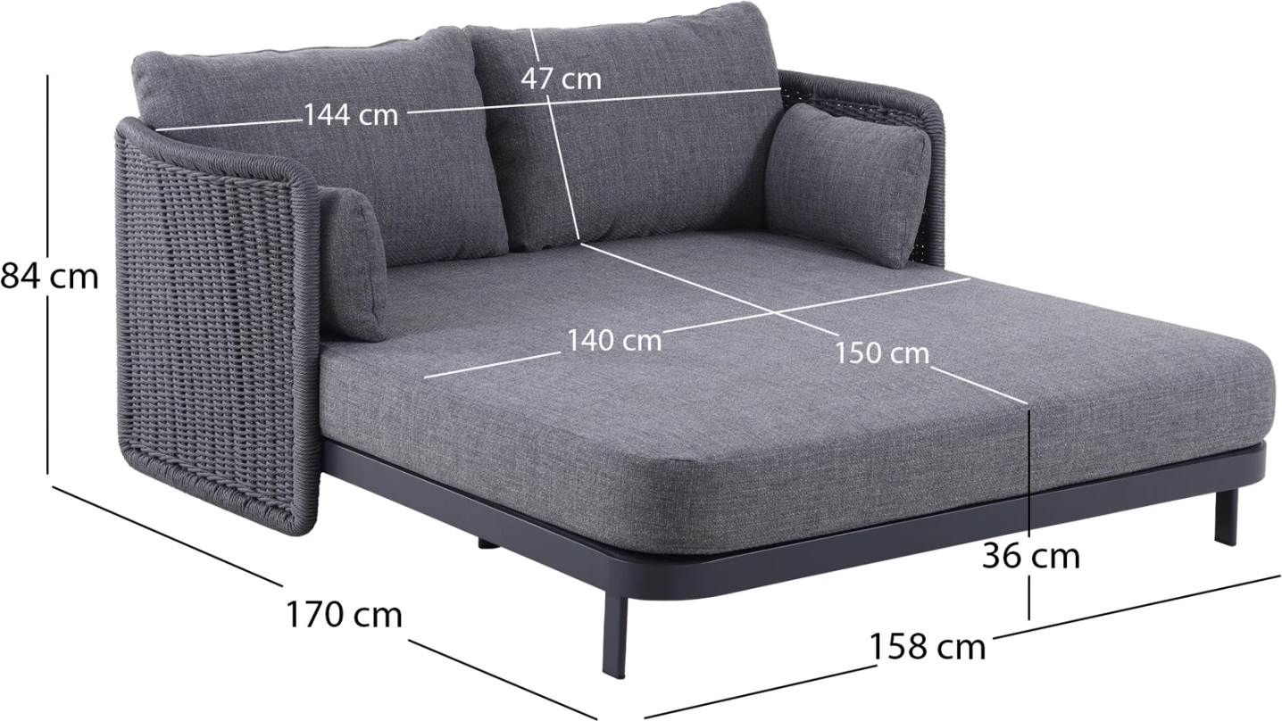 Daybed dy-vendësh DESTINY, alumin & p.e. wicker, ngjyrë qymyr, CD6408.02, 202x170x73.5cm