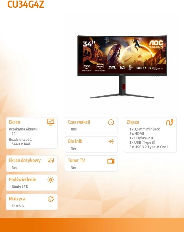 Monitor gaming AOC CU34G4Z, 34", 240Hz, VA, WQHD, HDMI 2.1, i zi