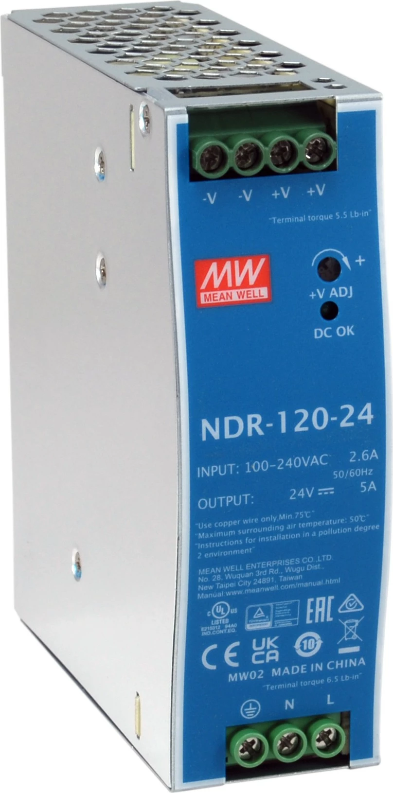 Furnizues energjie industrial LevelOne 24V DC, 120W, DIN-Rail, blu dhe argjendi