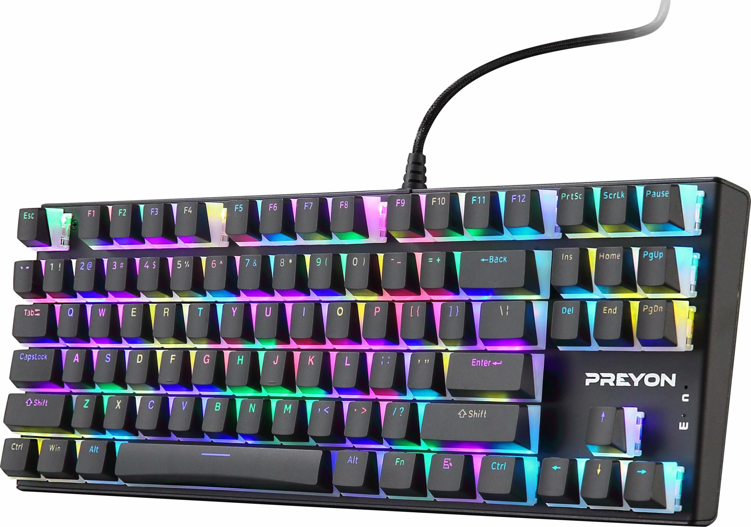 Tastierë mekanike gaming PREYON Blue Blitz Claw PBBC87B, TKL 80%, Gateron Blue, RGB, USB, e zezë, set me keycaps shtesë