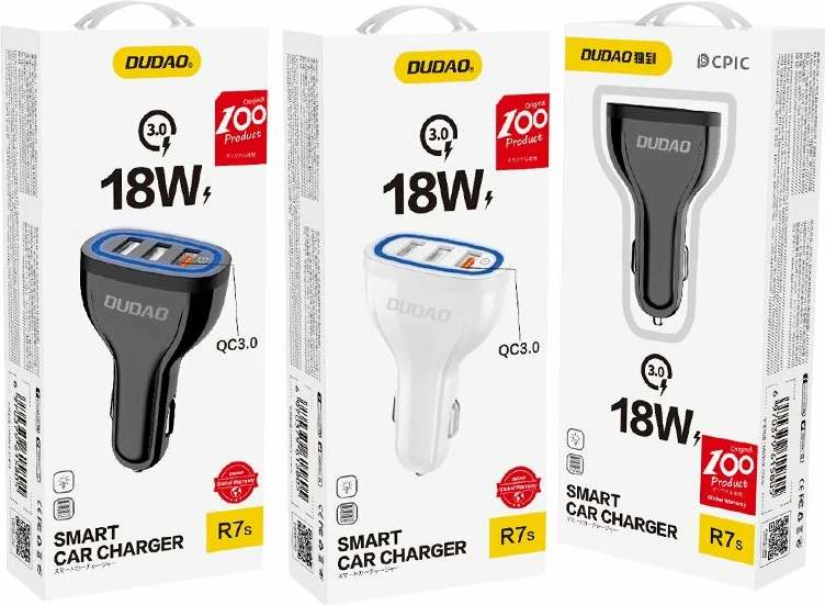 Karikues veture Dudao R7S, 3x USB, Quick Charge 3.0, 18W, Bardhë