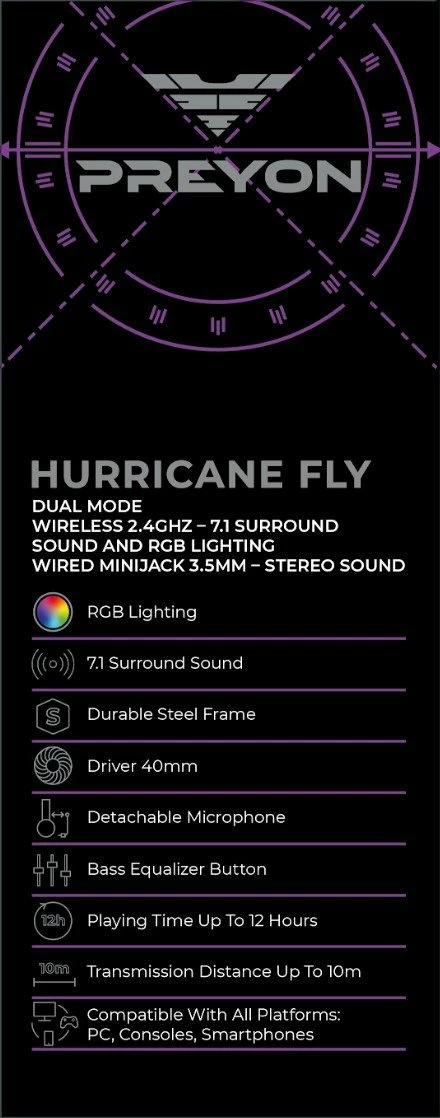 Kufje gaming PREYON Hurricane Fly PHF40B wireless 7.1 RGB me mikrofon të shkëputshëm, të zeza