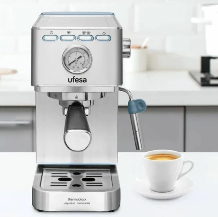 Aparat espresso UFESA Milazzo 71705063, 20 bar, 1350W, Thermoblock, me shkumëzues qumështi, argjendtë