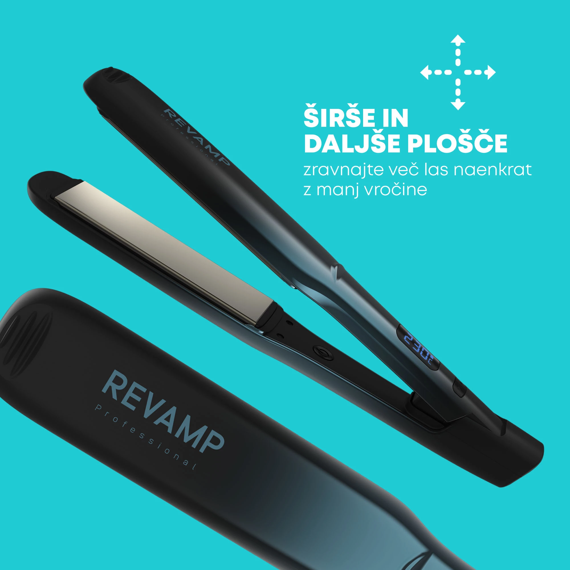 Hekur për flokë Revamp Progloss Wide Ultra X Shine ST-2000, pllaka qeramike të gjera, 80-235°C, jonik, kabllo 3 m, me pad silikoni, blu metalike