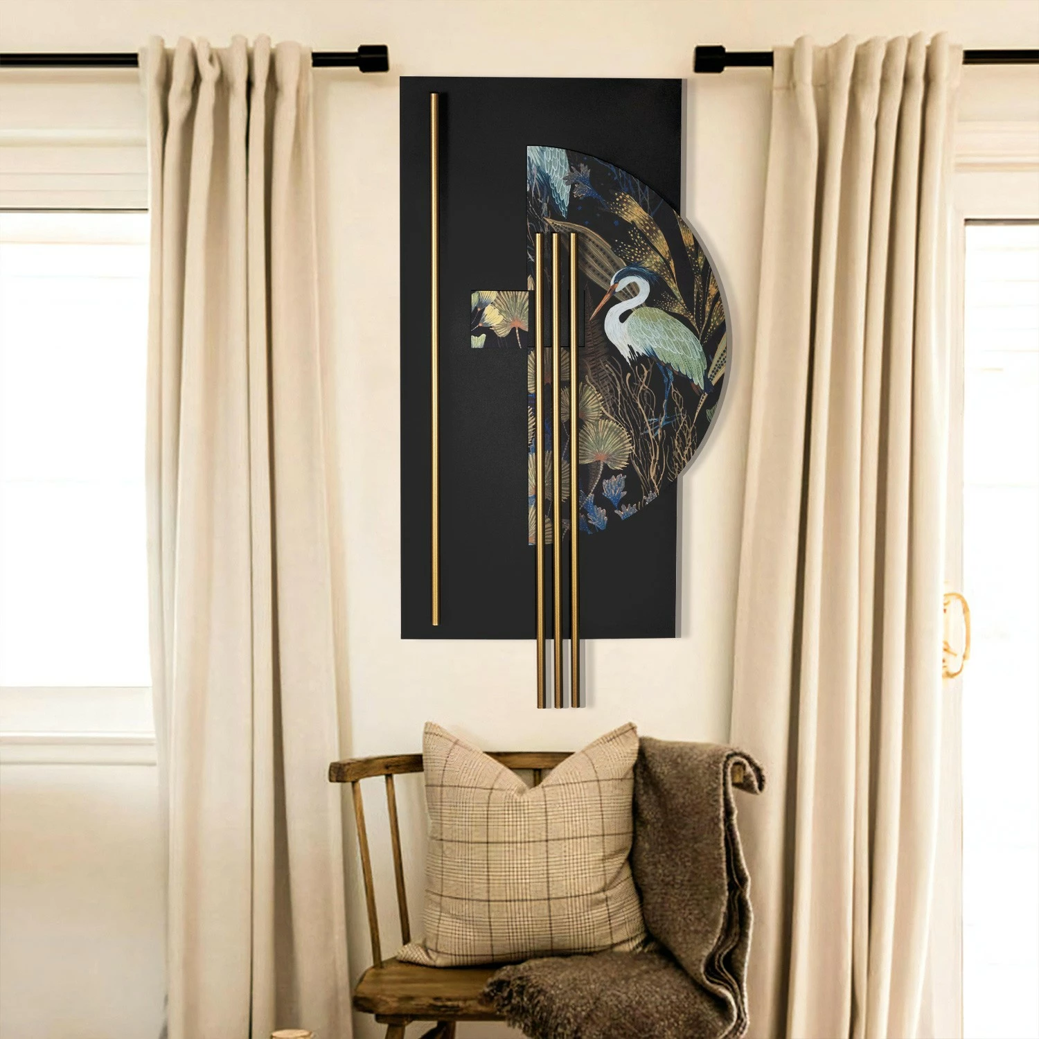 Aksesor dekorativ metalik për mur Wallity, Grus - APT778, shumëngjyrësh, 55x106cm