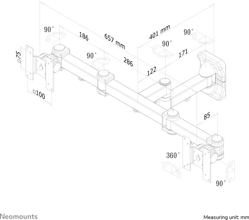Mbajtës muri për dy monitorë Newstar FPMA-W960D, deri 27 inç, rrotullues, i zi