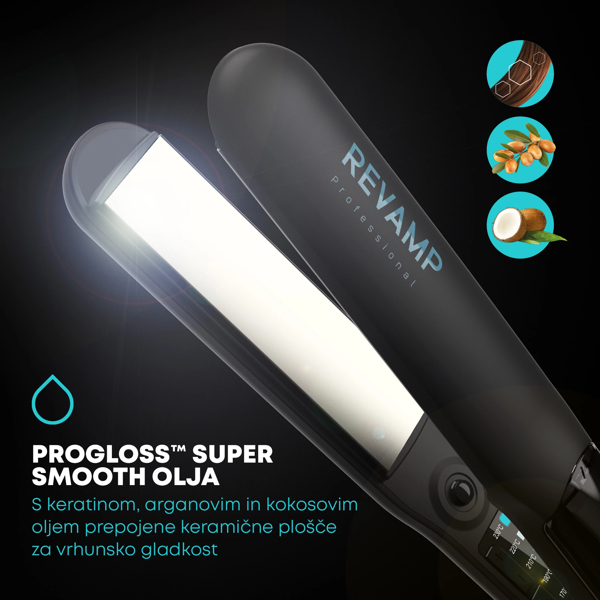 Drejtues flokësh Revamp Progloss Steamcare ST-1600, me avull, 150–230°C, pllaka qeramike, me mat silikoni