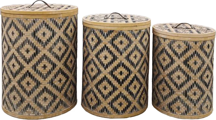 Set shporta me kapak NUBIA, 3 copë, bambu natyrale, lëkurë e zezë, 47x47x62cm